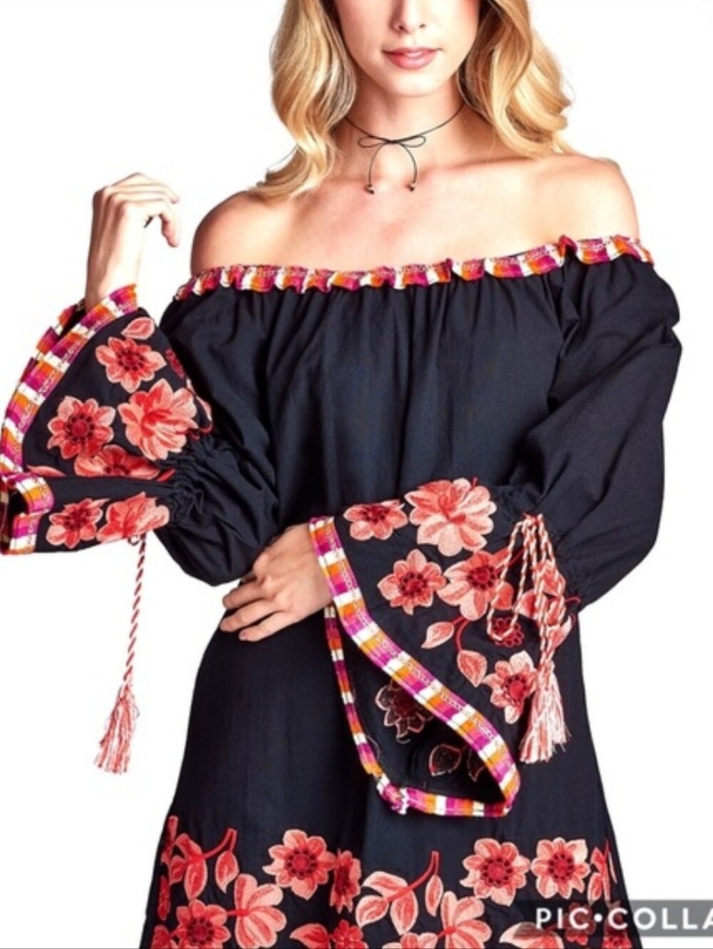 Velzera Black Tunic Dress with Pink-Orange Floral Embroidery. Size Medium NWT